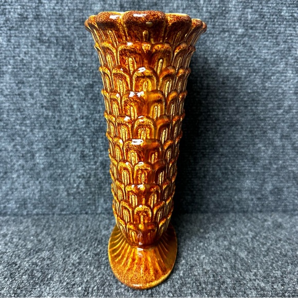 Vintage 1940s Red Wing Pottery footed vase 1157 textured scales brown gold boho - Picture 3 of 10